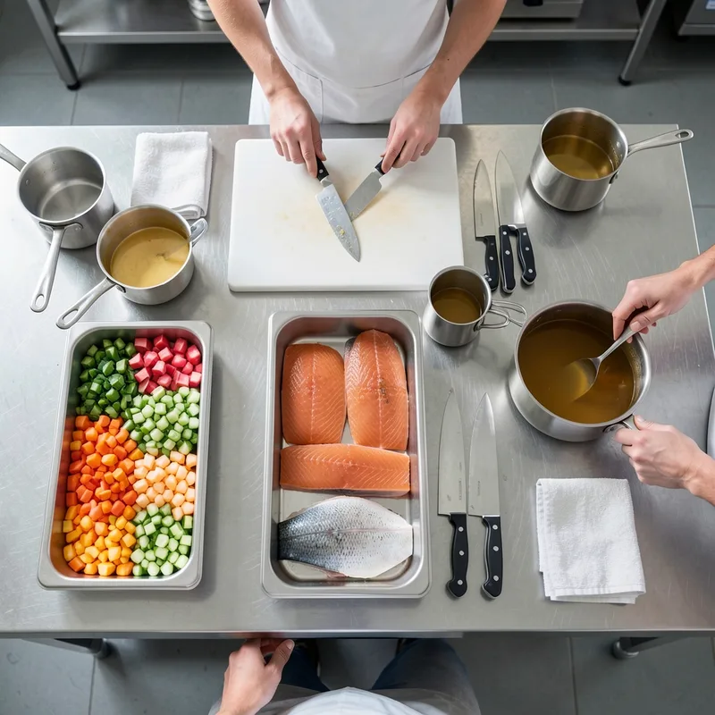 Cuisine professionnelle en inox vue de haut pendant la mise en place, postes de travail séparés