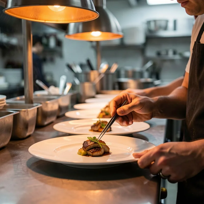 Chef de partie dressant une assiette gastronomique sous une lampe chauffante au passe