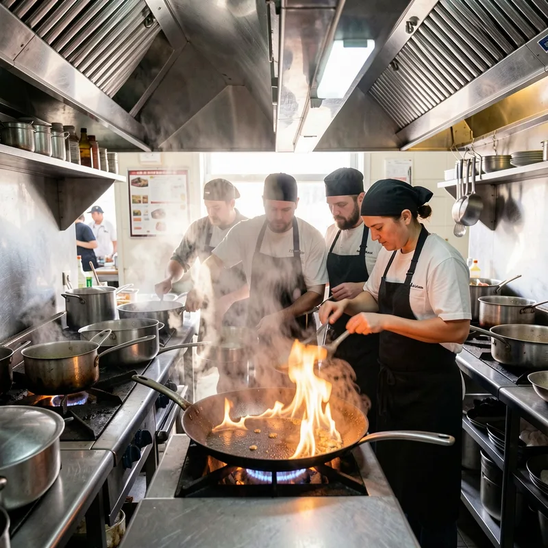 Brigade de cuisine resserrée en plein coup de feu, gestes rapides et vapeur au-dessus des fourneaux