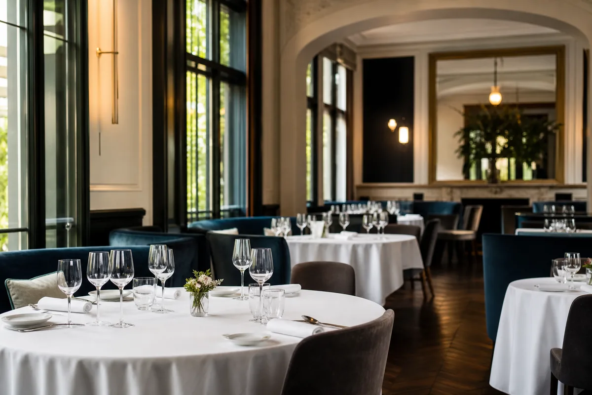 Salle de restaurant gastronomique française dressée avant le service