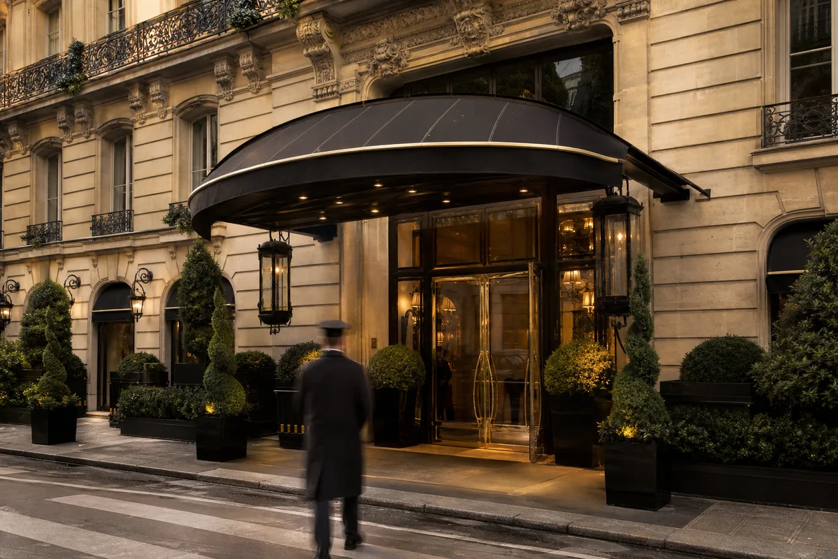 Façade d&rsquo;un hôtel de luxe parisien avec auvent et voiturier