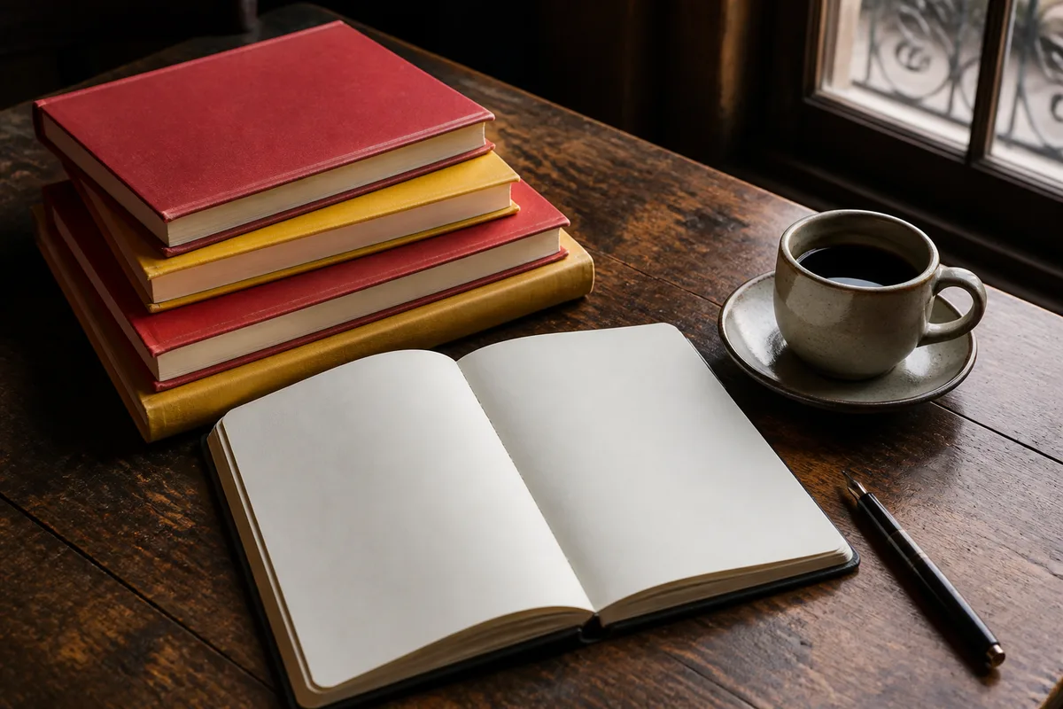 Guides gastronomiques et carnet de notes posés sur une table en bois